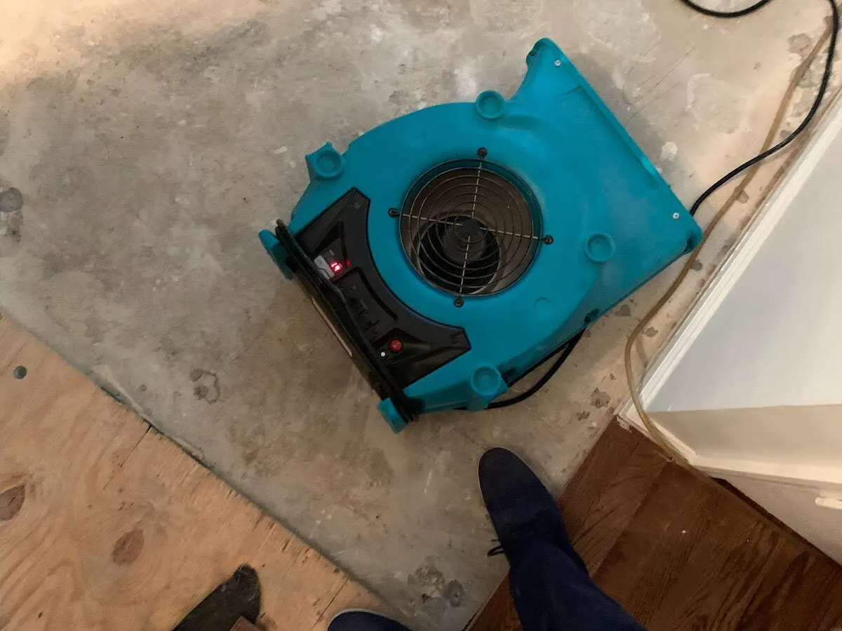 Air mover drying subfloor during Commercial Water Damage Restoration in Forest City